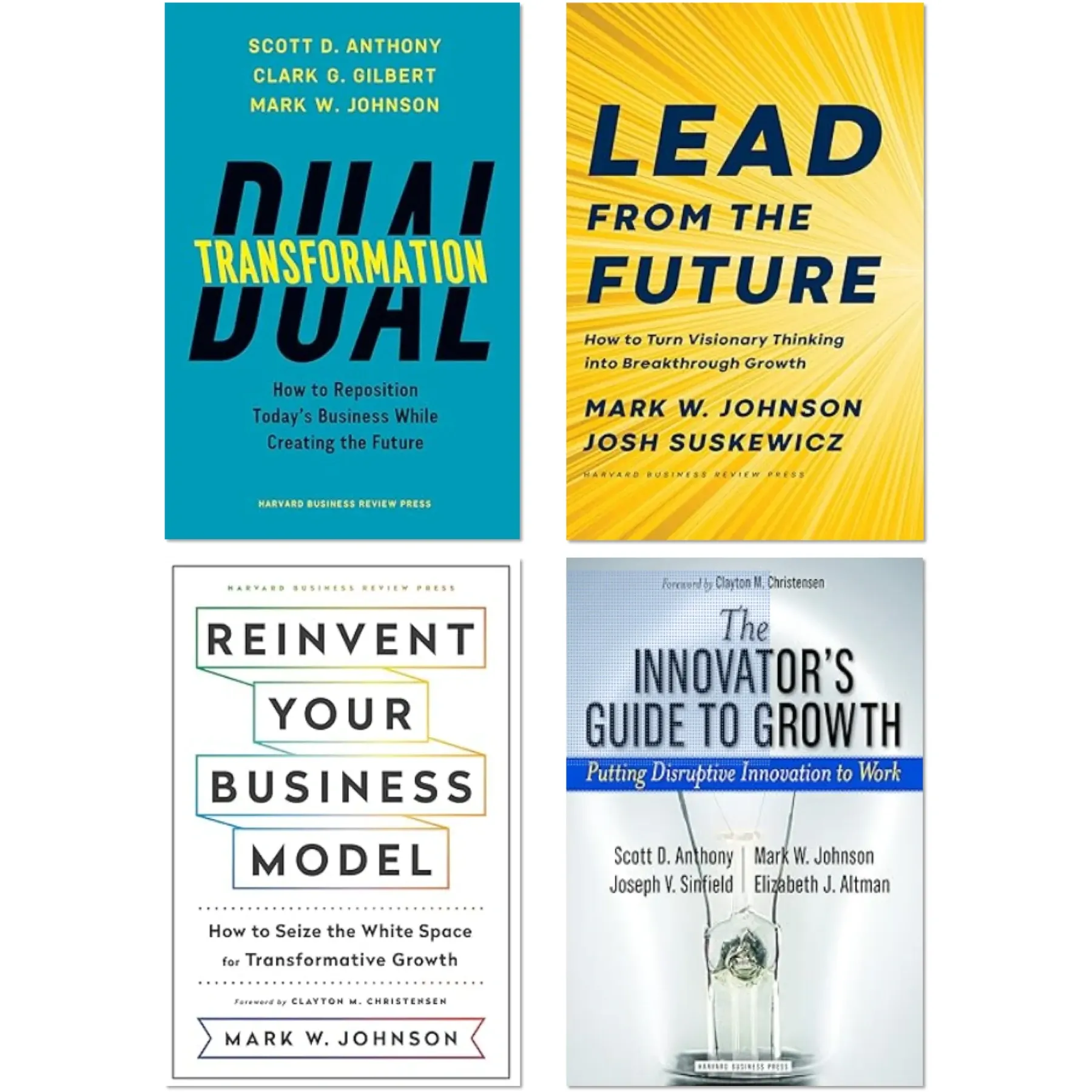 Books by Mark W. Johnson: Dual Transformation, Lead from the Future, Reinvent Your Business Model, The Innovator's Guide to Growth